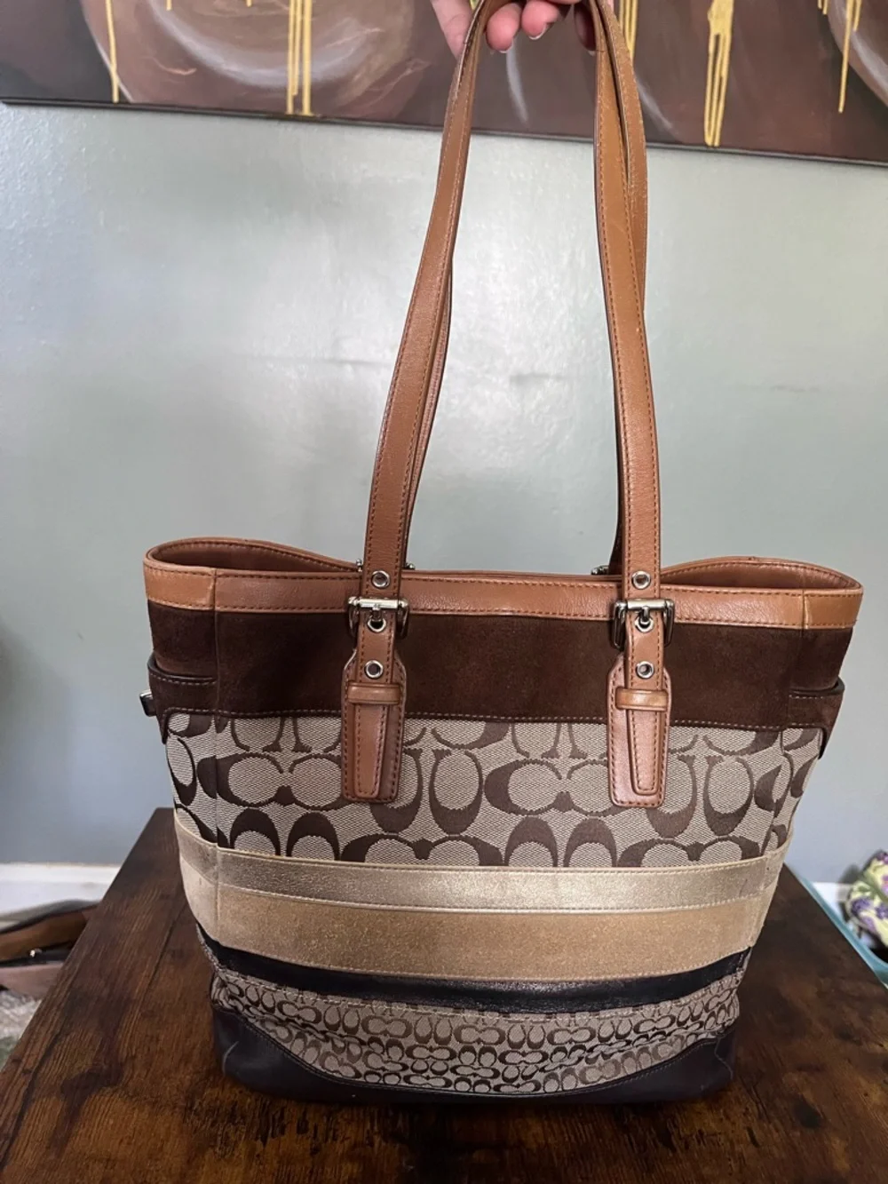Coach Signature Patchwork stripe Tote in Brown, Tan and Cream - Picture 9 of 12